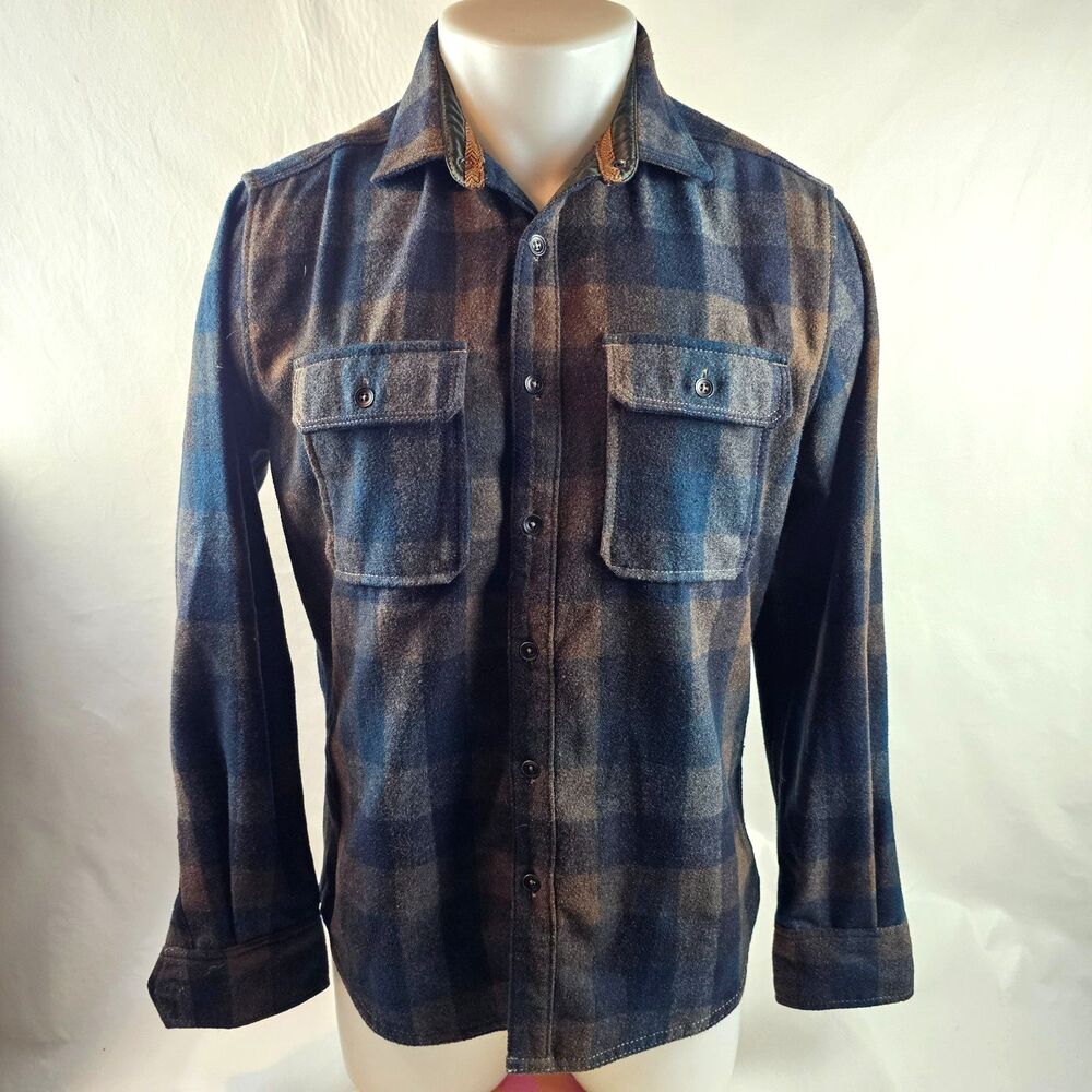 Jeremiah Flannel Shirt Mens Small Blue Brown Plaid Wool Blend Button Up Outdoors
